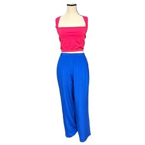 Vintage Simply Silk Royal Blue 100% Silk Wide Leg Pants Size Large Crop Length